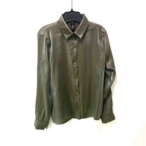 2/$20 - Shiny Olive Button-Up Shirt - Lightweight - Made In Italy / M